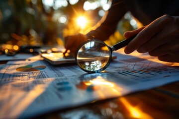 A businessman closely inspects a financial report using a magnifying glass, focusing on details and analysis