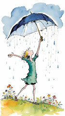 umbrella, woman, rain, watercolor, child, illustration, cartoon, vector, beauty, autumn, person, weather, fun, people, pink, color, girls, hair, dress, summer, drawing, kid, nature, smiling, model, pa