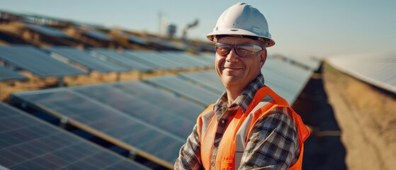 Smiling engineer in hardhat and safety glasses standing at solar farm
