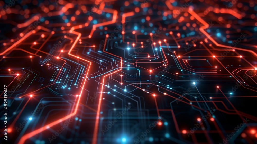 Poster futuristic circuit board design with glowing lines and nodes, background image