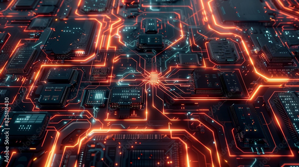 Poster futuristic circuit board design with glowing lines and nodes, background image