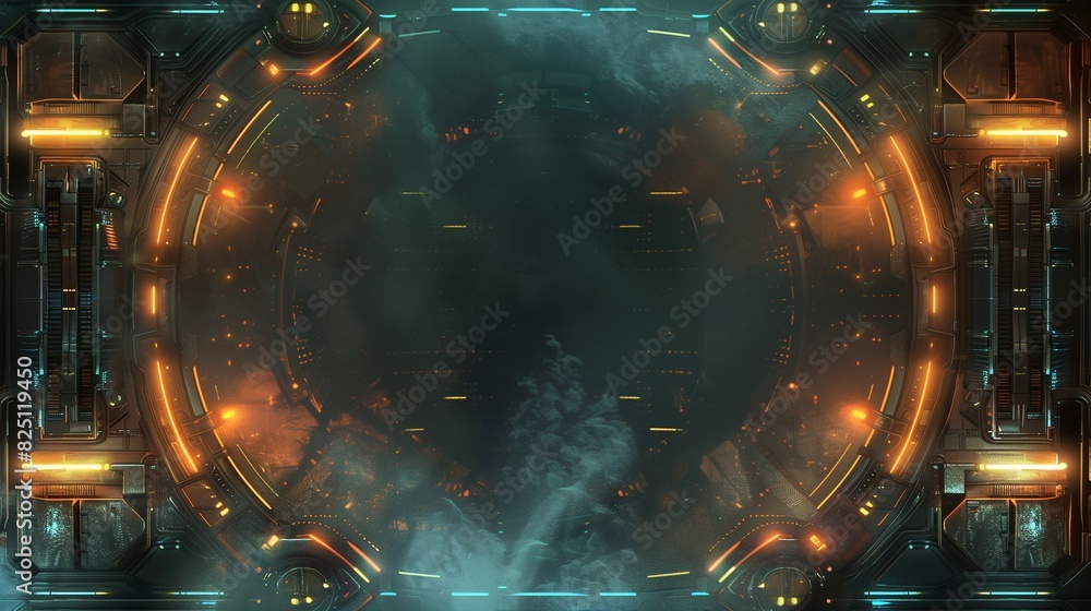 Poster futuristic sci-fi border with metallic textures and glowing elements, design image