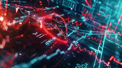 Fototapeta premium A striking image portraying the fusion of a heartbeat line and digital AI code, symbolizing the convergence of technology and healthcare in optimizing real-time patient monitoring 