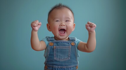 Joyful Baby in Overalls Raising Arms