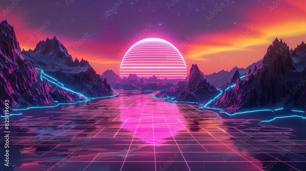 Poster retro 80s synthwave design with neon grids and mountains, background image