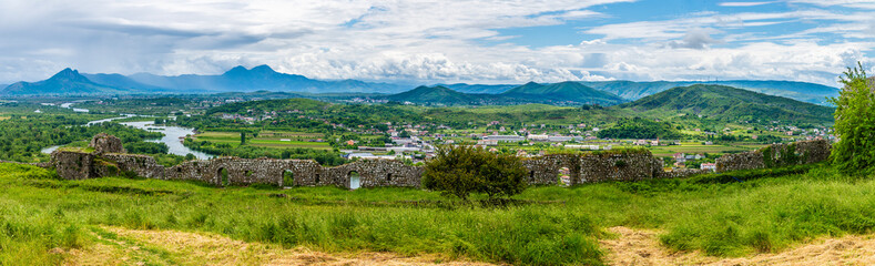 A panorama view south over the river Drin from Rozafa castle in Shkoder in Albania in summertime