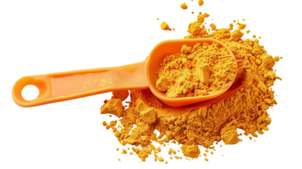 A single scoop of vibrant yellow powder sits on a plain white background, creating a visually striking contrast