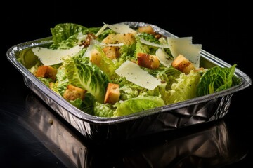 Tempting caesar salad on a plastic tray against a polished metal background