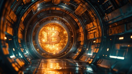 3D rendering of a futuristic tunnel with a glowing Bitcoin symbol at the end.