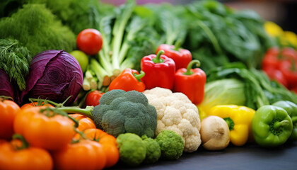Colorful assortment of fresh vegetables including tomatoes, peppers, broccoli, and leafy greens, displayed at a market or kitchen counter.