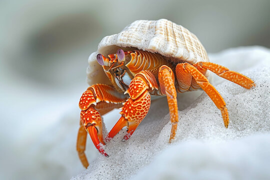 Close-up of a vibrant orange hermit crab crawling on a sandy surface with a shell on its back, detailed texture and natural light. - Powered by Adobe