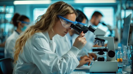 A female scientist wearing a lab coat and safety goggles is looking through a microscope in a laboratory. 