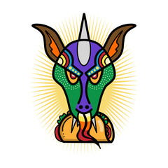 Mexican Chupacabra Animal Face Eating Traditional Taco Food, Taco and Burrito Restaurant Icon, Native Mexican Culture, Aztec and Maya Culture Civilization, Mythical Animal Character Symbol, Colorful T