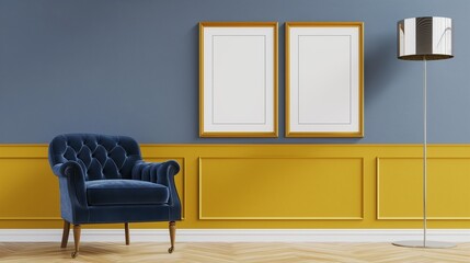 A trio of vertical frame mockups on a vibrant mustard yellow wall in a stylish living room, featuring a deep blue velvet armchair and a modern metallic floor lamp.