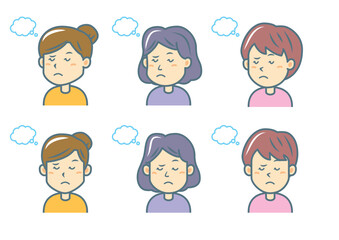 考える女性のイラストセット