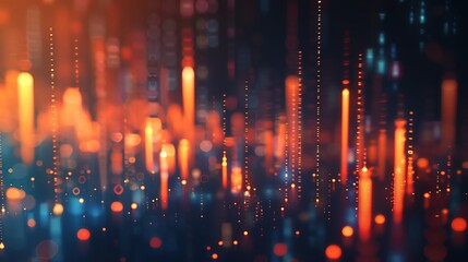 Stock market graph background, orange and blue colors, orange glowing lines, glowing light effects, blurred stock charts on dark background, business concept.
