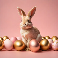Cute Easter bunny statuette among eggs on a peach fuzz trendy 2024 color background. Minimal Easter holiday concept.Wide screen wallpaper. Panoramic web banner with copy space for design.
