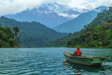 Man Boating on Lake With Mountain View