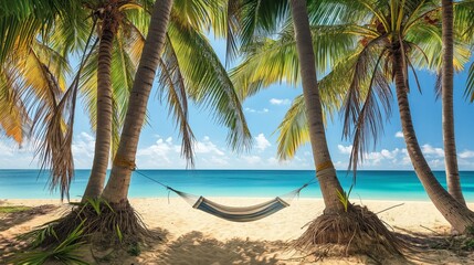A tropical beach lined with palm trees, the foreground showing a hammock tied between two palms,...