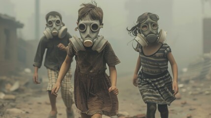 three children wearing gas masks. The children are running away from something. The background is a destroyed city. 