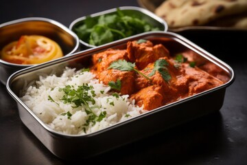 Delicious chicken tikka masala in a bento box against a polished metal background