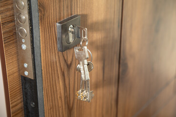 House keys on the door. Security. Real estate