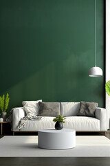 A sleek living room with a dark emerald accent wall, a minimalist gray sofa, and a blank white frame creating contrast