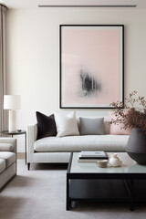 A sleek living room with a mix of charcoal and blush tones, showcasing simplicity in design with a prominent empty white frame as a focal point.