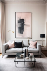 A sleek living room with a mix of charcoal and blush tones, showcasing simplicity in design with a prominent empty white frame as a focal point.