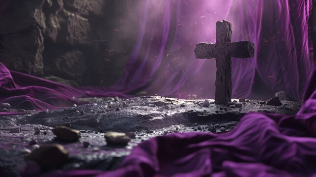 An evocative portrayal of Ash Wednesday, featuring a cross of ashes gently laid on a stone surface, with a backdrop of draped purple cloth, evoking a mood of solemnity