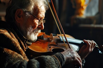 Elderly musician playing violin in dimly lit room
