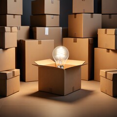 Zoomed-in shot: pile of cardboard boxes, symbolizing home relocation and e-commerce deliveries with light bulbs
