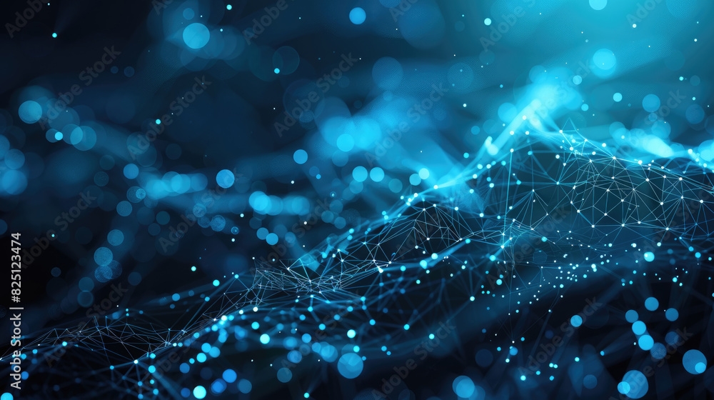 Poster a vibrant blue abstract background featuring intersecting lines and scattered dots in varying shades