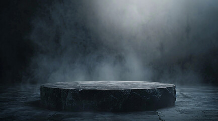 A dark podium in the center of an empty room, surrounded by fog and darkness. The platform is made from rough stone with a smooth surface, creating an atmosphere that adds to its mysterious charm. 