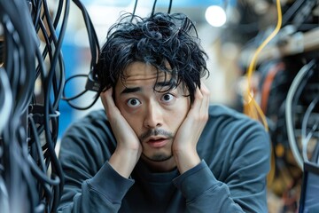 Close-up photo of an Asian male programmer troubleshooting slow internet streaming on his computer screen in a tech office.