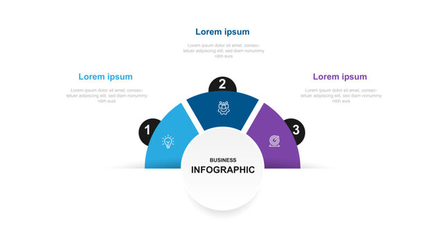 Modern design template infographic vector element with 3 step circle concept suitable for workflow, business information, presentation, data visualization, and web graphic design 