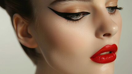Naklejka premium The woman is wearing dark eyeliner and fake lashes. Her lips are bright red and her skin is flawless.