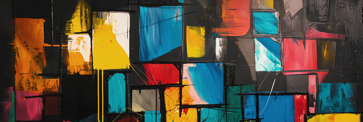 Abstract colorful urban canvas art. Modern abstract painting with vibrant urban-inspired blocks of...