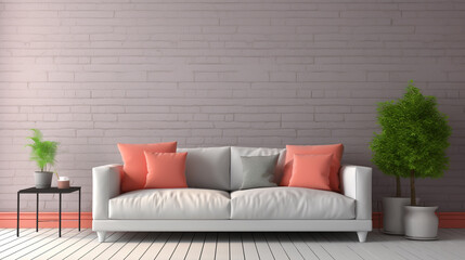 A sleek modern living room with vibrant coral pink walls, a minimalist gray sofa, and a blank white frame mockup mounted on a white brick wall.
