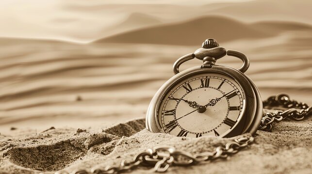 Vintage pocket watch buried in the sand, sepia tone, time concept. Vintage clock on chain lying halfburied in desert dunes.