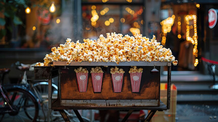 A cart full of delicious popcorn sits on the sidewalk in front of a store. 