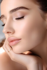 Obraz premium A close-up of a woman's face with eyes closed, highlighting her smooth skin, well-defined eyebrows, and natural beauty.