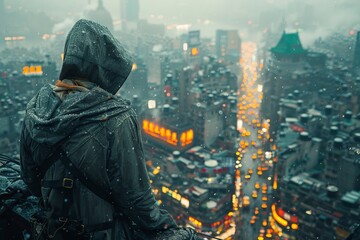 Vigilante Surveillance Overlooking Cityscape Ready to Act.