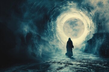 Fototapeta premium Journey Through the Afterlife: Soul's Exploration of Light and Shadow Realms.