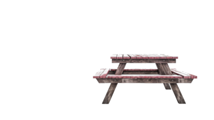 A wooden picnic table featuring a vibrant red seat, providing seating for outdoor dining or gatherings