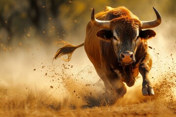 Powerful bull with horns running aggressively in a cloud of dust at sunset