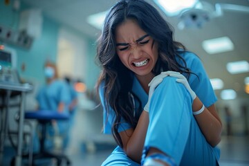 Close-up photo of a Latina female nurse grimacing in pain while clutching her ankle after a work-related injury in a hospital.