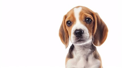 Adorable beagle puppy sitting and tilting its head on a white background
