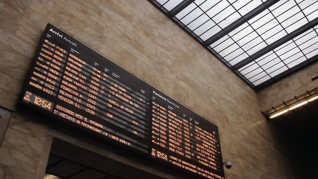 The Train Schedule is Displayed on the Train Departure and Arrival Board at Rome Termini Railway Station, Rome, Italy.