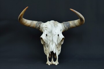 Close-up of a bleached animal skull with curved horns against a dark background - Powered by Adobe